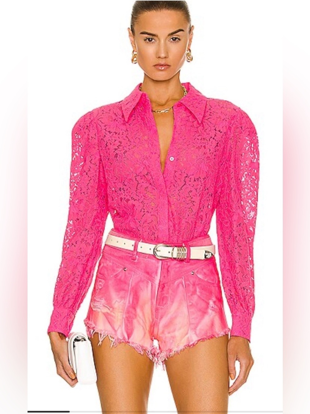 L’AGENCE Pink Lace Button Down Blouse Sz M Puff Shoulder Semi Sheer Designer Top